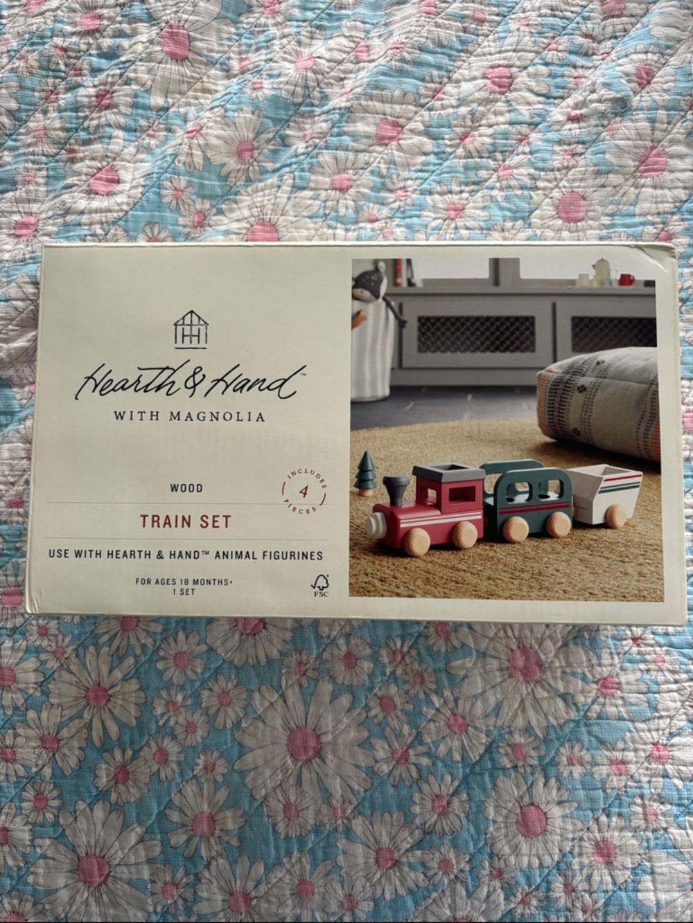 Hearth and Hand with Magnolia wood train set. 4 pieces. 3 train cars and 1 tree